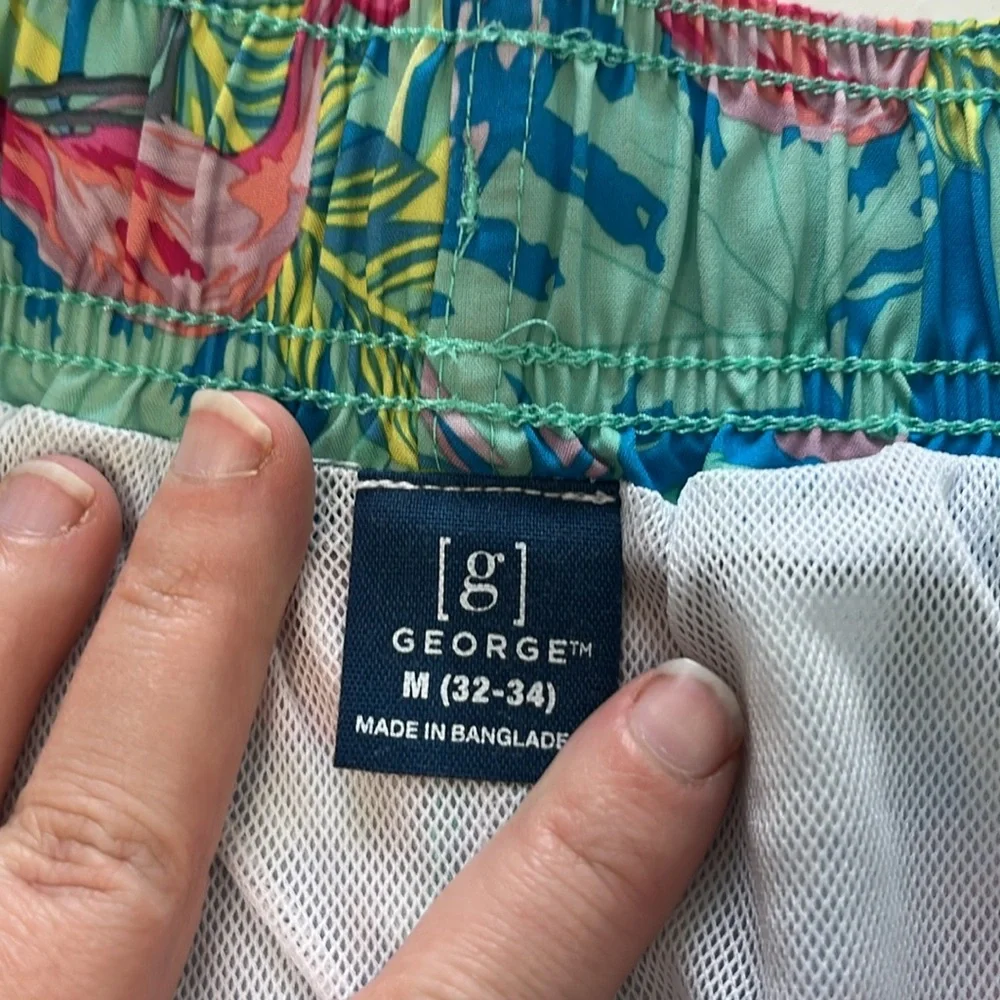 George Medium Multicolor Tropical Flamingo Elastic Waist Board Shorts/Swim Trunk